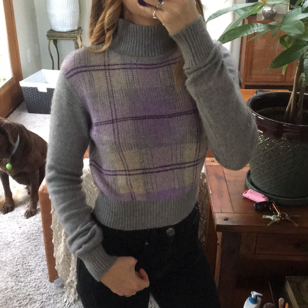 Reiss Crop Plaid Turtle Neck Sweater Top